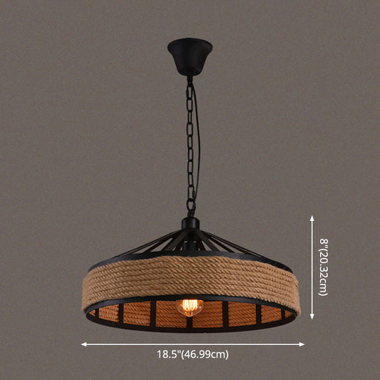 Drum Metal Pendant Light Industrial 1 Light Rope Hanging Lamp in Black Clearhalo 'Ceiling Lights' 'Industrial Pendants' 'Industrial' 'Middle Century Pendants' 'Pendant Lights' 'Pendants' 'Tiffany' Lighting' 2549006