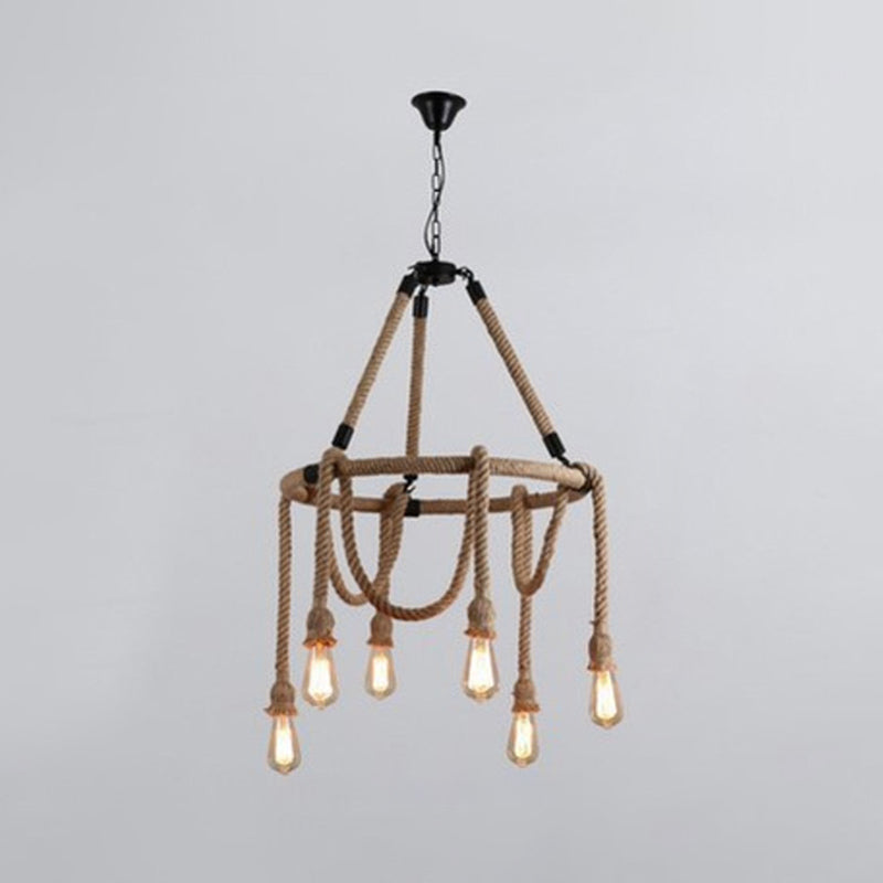 6 Lights Adjustable Rope Chandelier Lighting Fixtures Industrial Beige Hanging Ceiling Light Beige Clearhalo 'Ceiling Lights' 'Chandeliers' 'Industrial Chandeliers' 'Industrial' 'Middle Century Chandeliers' 'Tiffany' Lighting' 2549030