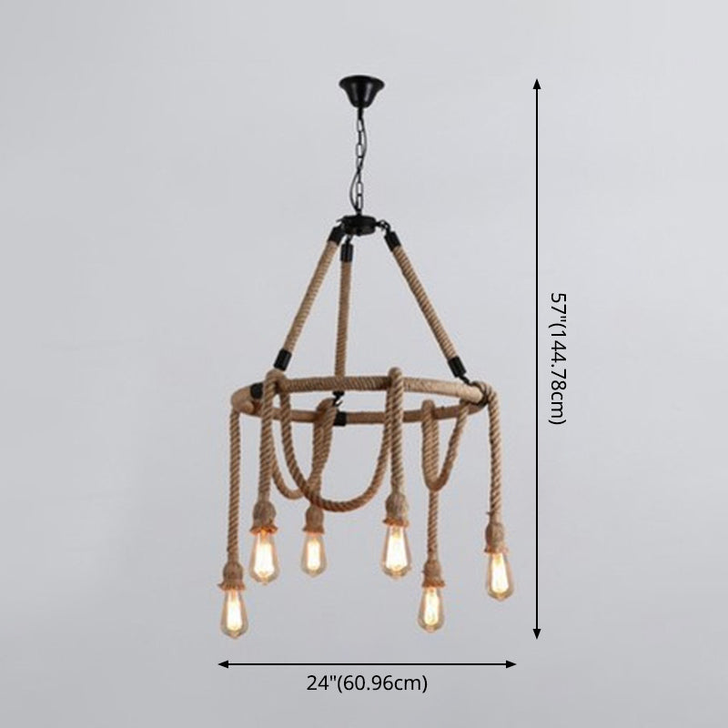 6 Lights Adjustable Rope Chandelier Lighting Fixtures Industrial Beige Hanging Ceiling Light Clearhalo 'Ceiling Lights' 'Chandeliers' 'Industrial Chandeliers' 'Industrial' 'Middle Century Chandeliers' 'Tiffany' Lighting' 2549035