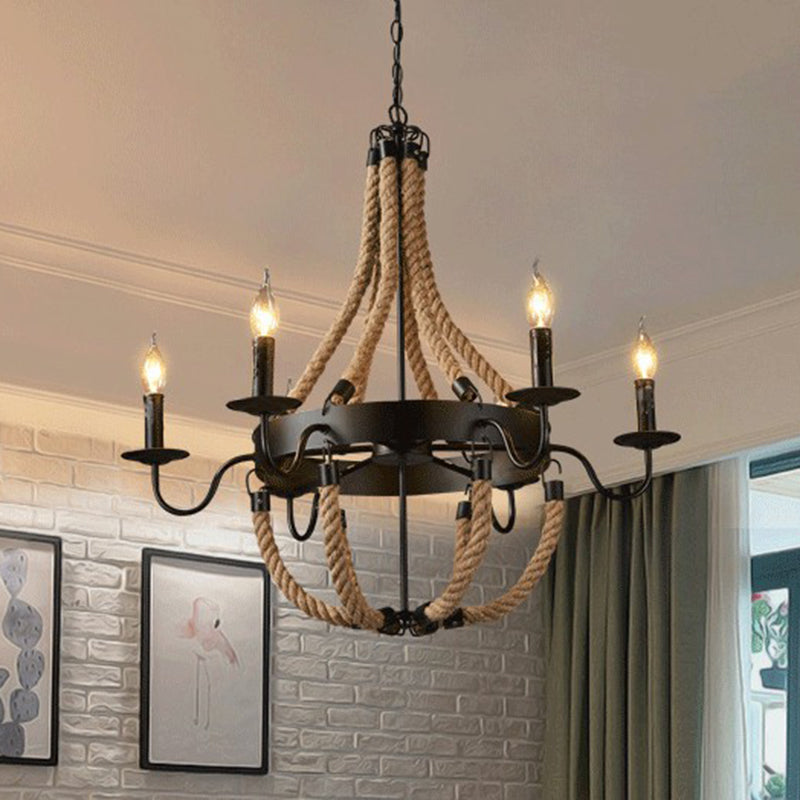 Circular Metal Ring Rope Hanging Ceiling Light Industrial Black Pendant Light Fixture Clearhalo 'Ceiling Lights' 'Chandeliers' 'Industrial Chandeliers' 'Industrial' 'Middle Century Chandeliers' 'Tiffany' Lighting' 2549040