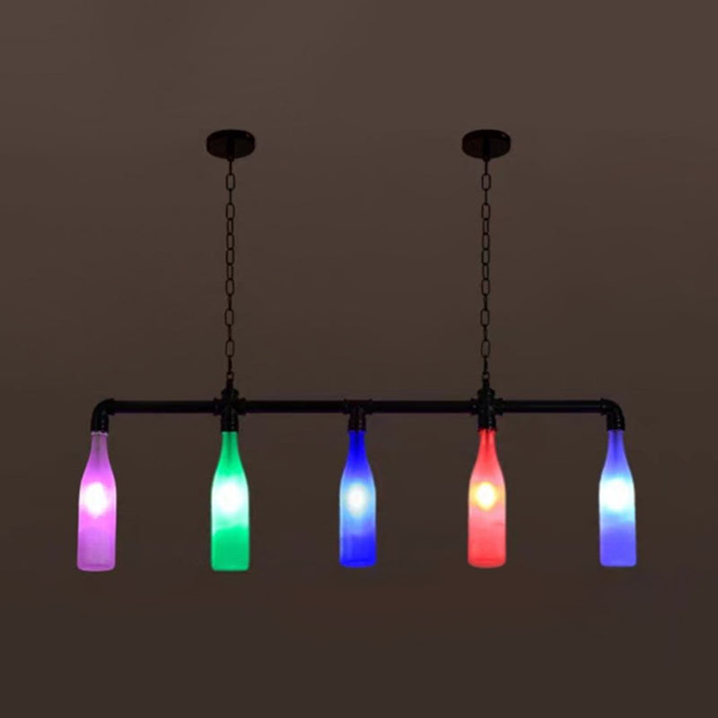 Multi-Color Island Pendant Light Industrial Iron Pipe Wine Bottle Island Lamps 5 Multi-Color Clearhalo 'Ceiling Lights' 'Island Lights' Lighting' 2549223