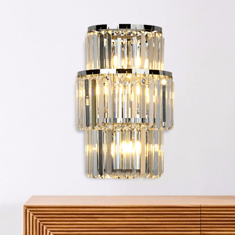 Crystal Block Cylinder Wall Mounted Light Contemporary 3 Lights Silver Sconce Light Clearhalo 'Modern wall lights' 'Modern' 'Wall Lamps & Sconces' 'Wall Lights' Lighting' 254930