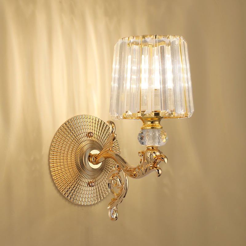 Gold Tapered Wall Light Fixture Modern 1/2 Lights Crystal Block Sconce Light for Bedroom Clearhalo 'Modern wall lights' 'Modern' 'Wall Lamps & Sconces' 'Wall Lights' Lighting' 254943