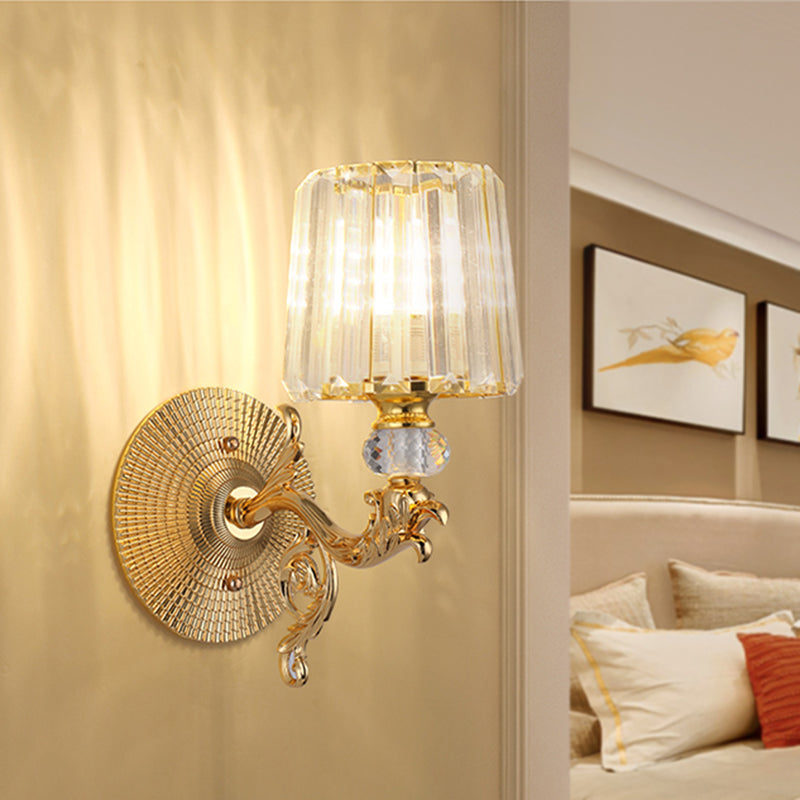 Gold Tapered Wall Light Fixture Modern 1/2 Lights Crystal Block Sconce Light for Bedroom Clearhalo 'Modern wall lights' 'Modern' 'Wall Lamps & Sconces' 'Wall Lights' Lighting' 254944