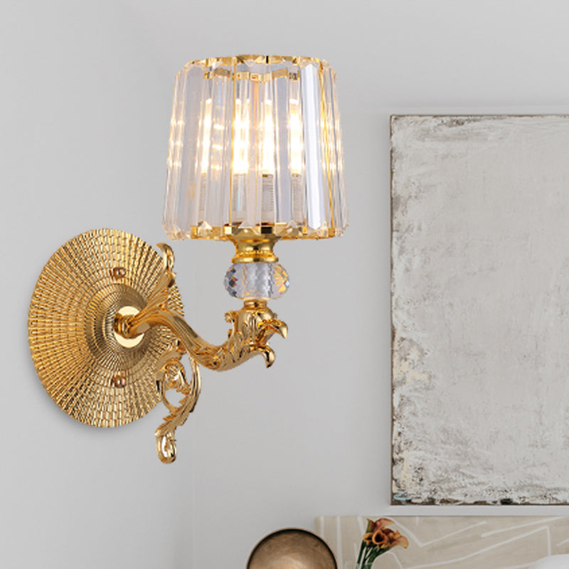 Gold Tapered Wall Light Fixture Modern 1/2 Lights Crystal Block Sconce Light for Bedroom 1.0 Gold Clearhalo 'Modern wall lights' 'Modern' 'Wall Lamps & Sconces' 'Wall Lights' Lighting' 254945