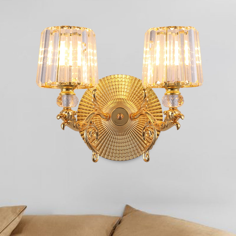 Gold Tapered Wall Light Fixture Modern 1/2 Lights Crystal Block Sconce Light for Bedroom Clearhalo 'Modern wall lights' 'Modern' 'Wall Lamps & Sconces' 'Wall Lights' Lighting' 254949