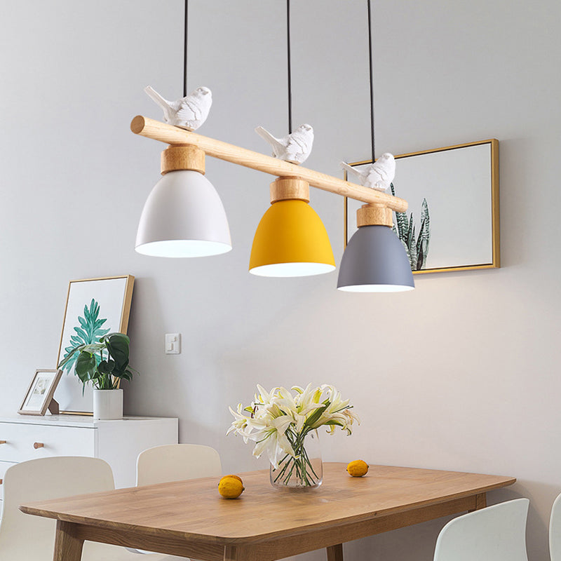 3 Lights Island Pendant Macaron Bowl Metal Pendant with Wood Electric Light Socket Clearhalo 'Ceiling Lights' 'Island Lights' Lighting' 2549932