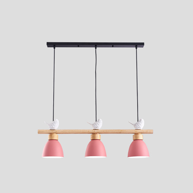 3 Lights Island Pendant Macaron Bowl Metal Pendant with Wood Electric Light Socket Pink Clearhalo 'Ceiling Lights' 'Island Lights' Lighting' 2549934