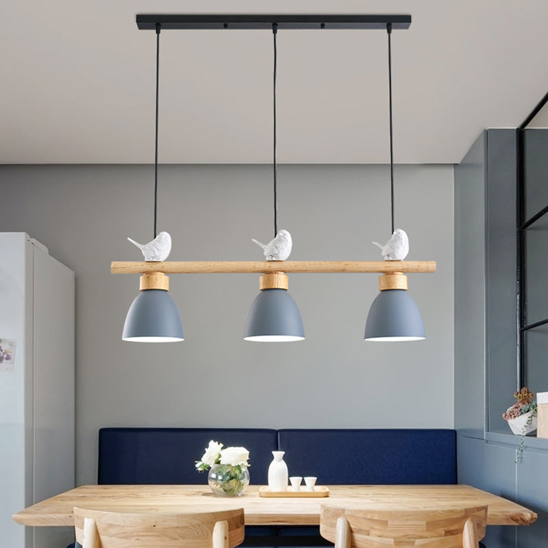 3 Lights Island Pendant Macaron Bowl Metal Pendant with Wood Electric Light Socket Clearhalo 'Ceiling Lights' 'Island Lights' Lighting' 2549935