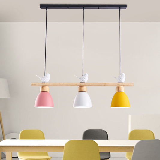 3 Lights Island Pendant Macaron Bowl Metal Pendant with Wood Electric Light Socket Clearhalo 'Ceiling Lights' 'Island Lights' Lighting' 2549936