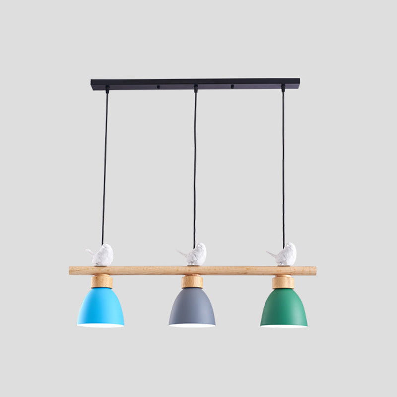 3 Lights Island Pendant Macaron Bowl Metal Pendant with Wood Electric Light Socket Dark Blue-Gray Clearhalo 'Ceiling Lights' 'Island Lights' Lighting' 2549938