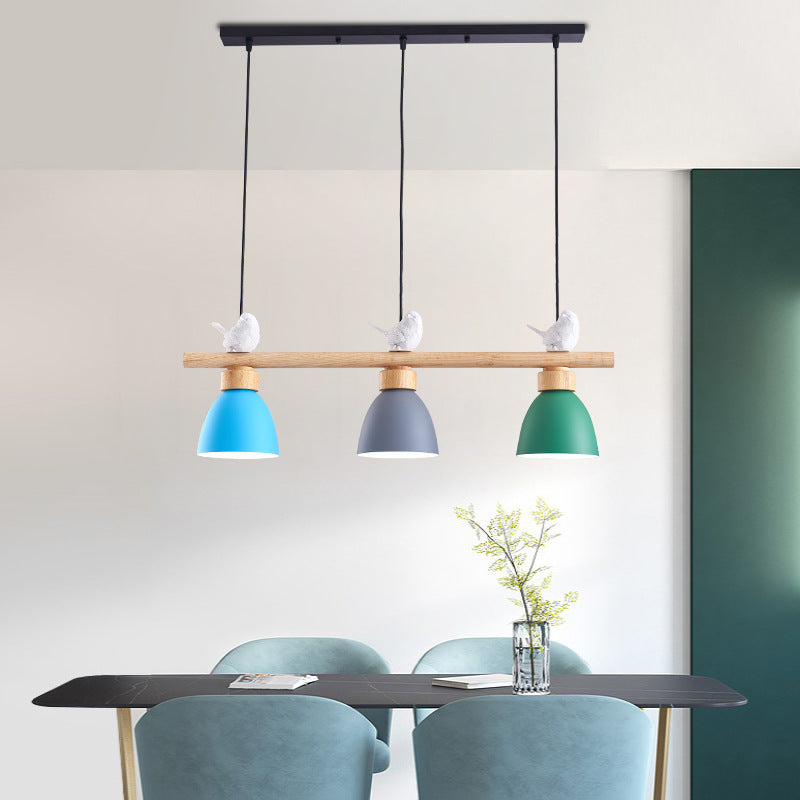 3 Lights Island Pendant Macaron Bowl Metal Pendant with Wood Electric Light Socket Clearhalo 'Ceiling Lights' 'Island Lights' Lighting' 2549939