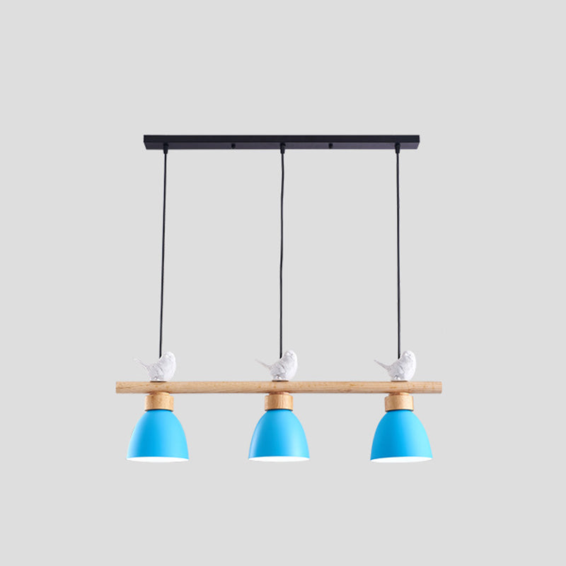 3 Lights Island Pendant Macaron Bowl Metal Pendant with Wood Electric Light Socket Blue Clearhalo 'Ceiling Lights' 'Island Lights' Lighting' 2549944