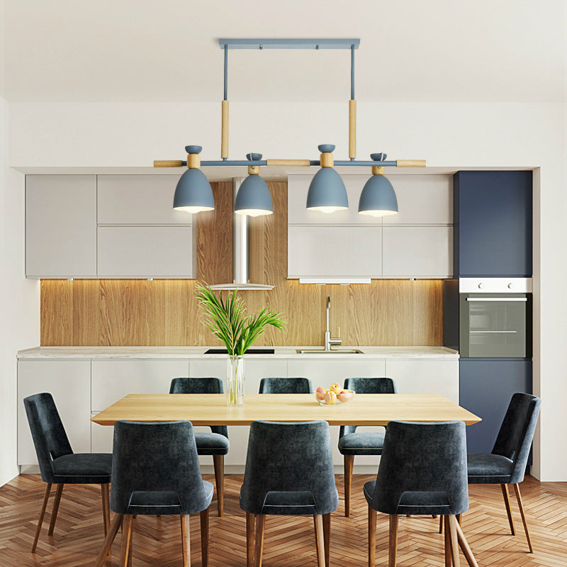 4 Lights Island Linear Pendant Nordic Style Bowl Metal Pendant Lighting with Wood Detail Clearhalo 'Ceiling Lights' 'Island Lights' Lighting' 2549955