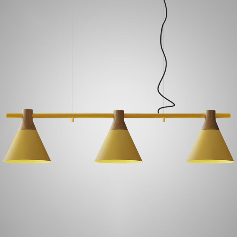 Adjustable Hanging Cord 3 Lights Island Pendant Lights Nordic Style Conical Metal Pendant in Wood Yellow Clearhalo 'Ceiling Lights' 'Island Lights' Lighting' 2549968