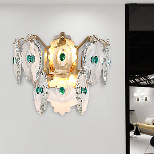 Gear Clear Crystal Wall Mounted Light Postmodern 2 Lights Sconce Light with Green/Gold Gem Green Clearhalo 'Modern wall lights' 'Modern' 'Wall Lamps & Sconces' 'Wall Lights' Lighting' 255000