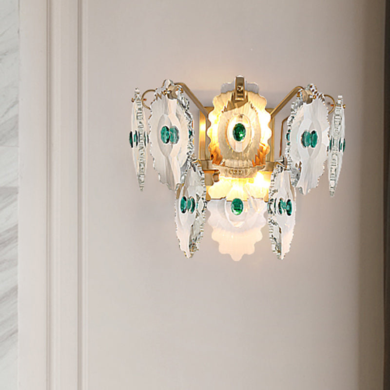 Gear Clear Crystal Wall Mounted Light Postmodern 2 Lights Sconce Light with Green/Gold Gem Clearhalo 'Modern wall lights' 'Modern' 'Wall Lamps & Sconces' 'Wall Lights' Lighting' 255001