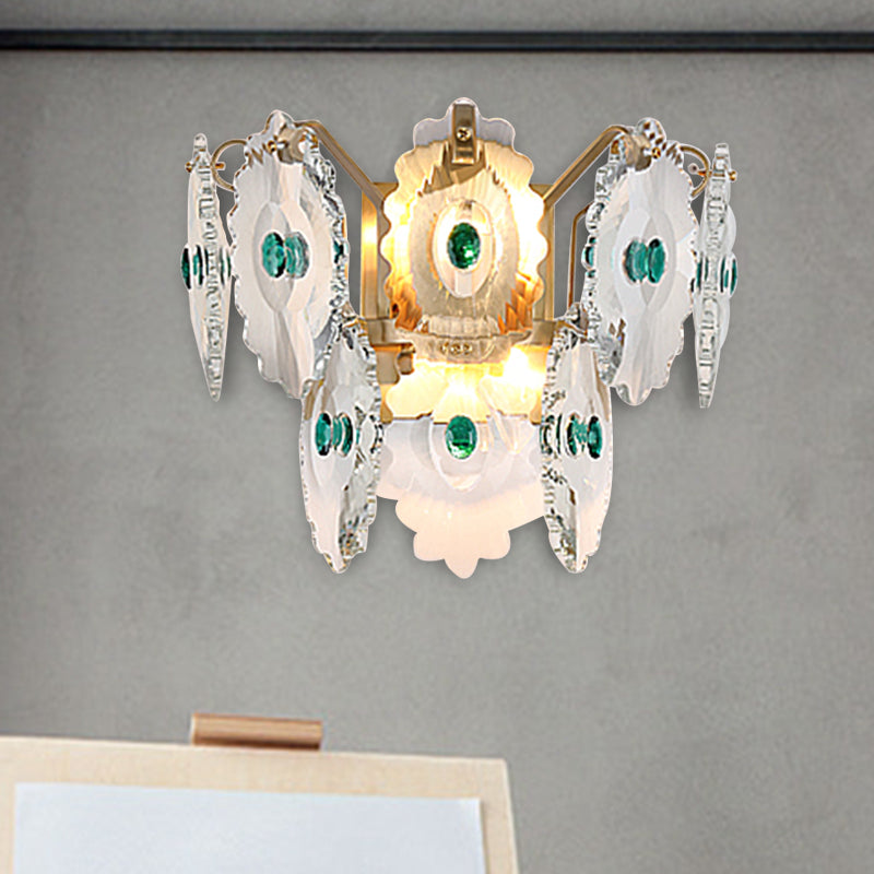 Gear Clear Crystal Wall Mounted Light Postmodern 2 Lights Sconce Light with Green/Gold Gem Clearhalo 'Modern wall lights' 'Modern' 'Wall Lamps & Sconces' 'Wall Lights' Lighting' 255002