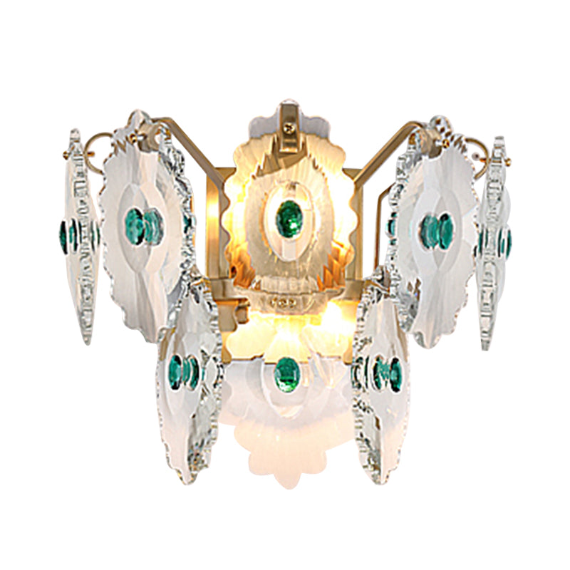 Gear Clear Crystal Wall Mounted Light Postmodern 2 Lights Sconce Light with Green/Gold Gem Clearhalo 'Modern wall lights' 'Modern' 'Wall Lamps & Sconces' 'Wall Lights' Lighting' 255004