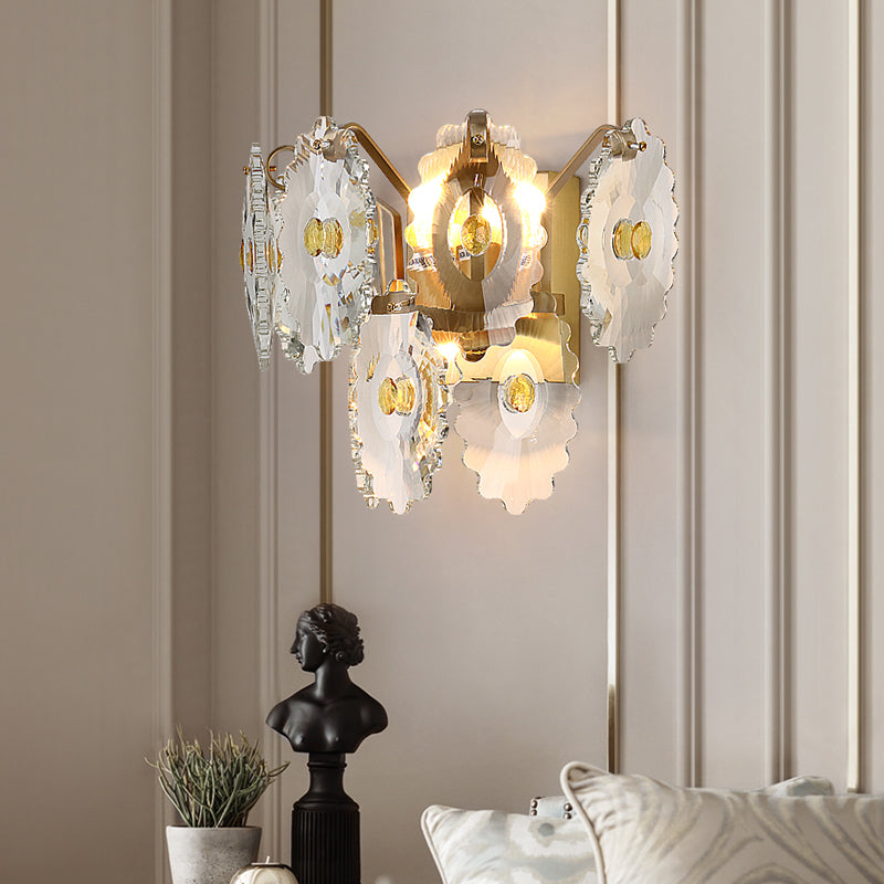 Gear Clear Crystal Wall Mounted Light Postmodern 2 Lights Sconce Light with Green/Gold Gem Clearhalo 'Modern wall lights' 'Modern' 'Wall Lamps & Sconces' 'Wall Lights' Lighting' 255006