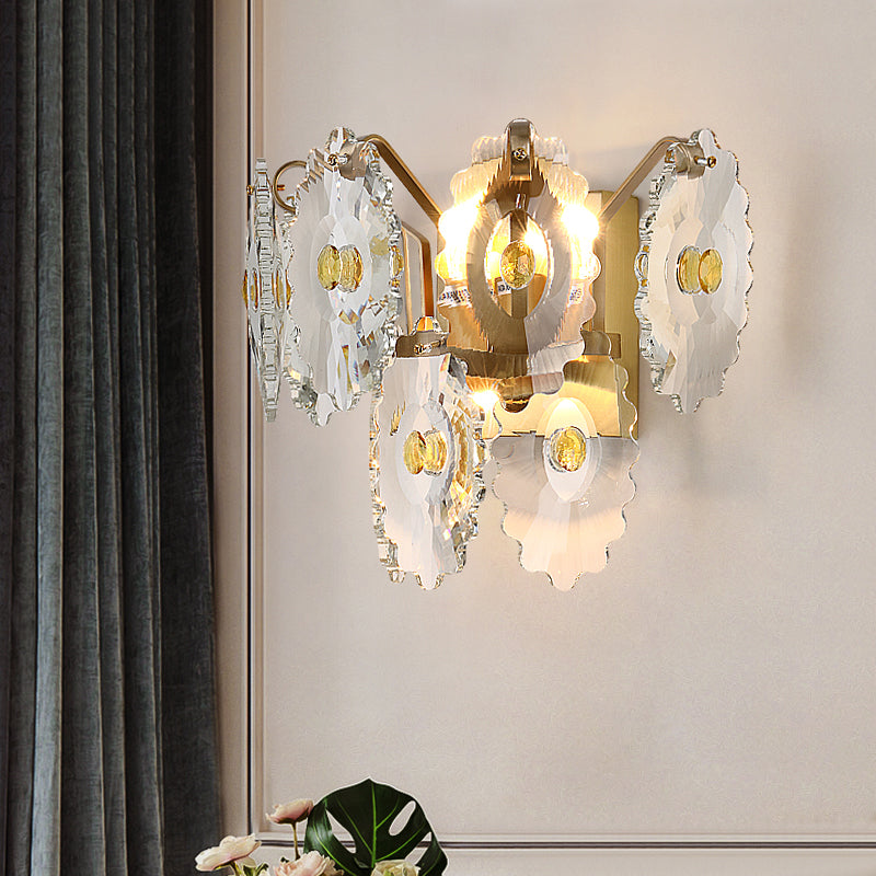 Gear Clear Crystal Wall Mounted Light Postmodern 2 Lights Sconce Light with Green/Gold Gem Gold Clearhalo 'Modern wall lights' 'Modern' 'Wall Lamps & Sconces' 'Wall Lights' Lighting' 255007