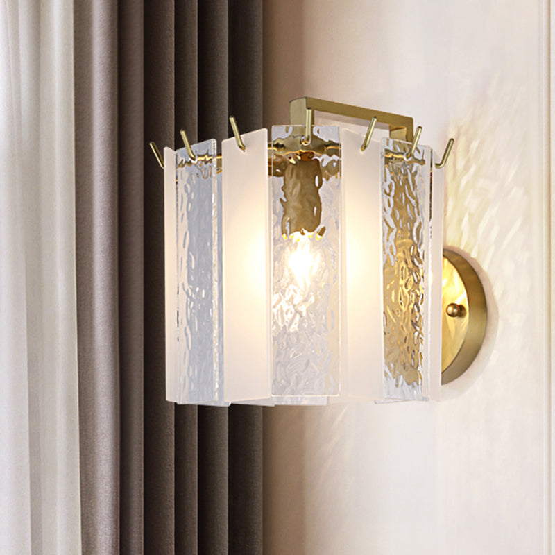 Drum Wall Sconce Light Contemporary Frosted Glass and Waterglass 1 Light Gold Wall Light Fixture Clearhalo 'Modern wall lights' 'Modern' 'Wall Lamps & Sconces' 'Wall Lights' Lighting' 255027