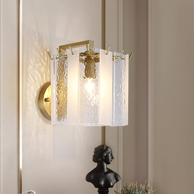 Drum Wall Sconce Light Contemporary Frosted Glass and Waterglass 1 Light Gold Wall Light Fixture Gold Clearhalo 'Modern wall lights' 'Modern' 'Wall Lamps & Sconces' 'Wall Lights' Lighting' 255028