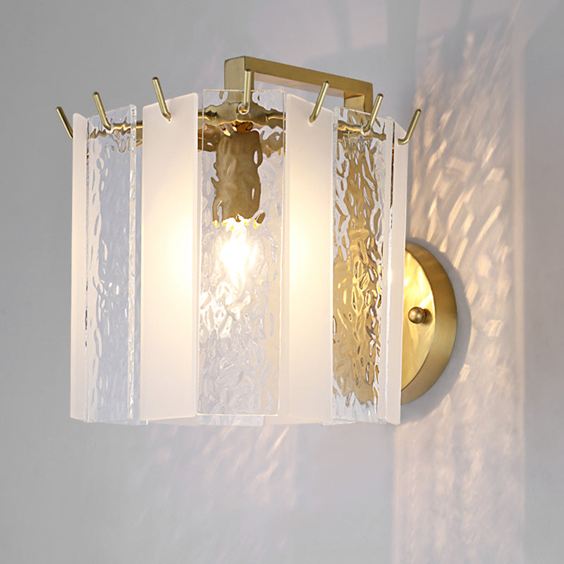 Drum Wall Sconce Light Contemporary Frosted Glass and Waterglass 1 Light Gold Wall Light Fixture Clearhalo 'Modern wall lights' 'Modern' 'Wall Lamps & Sconces' 'Wall Lights' Lighting' 255029