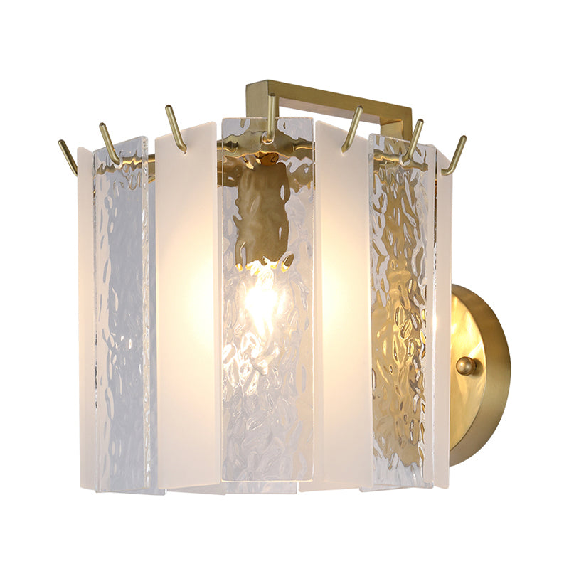 Drum Wall Sconce Light Contemporary Frosted Glass and Waterglass 1 Light Gold Wall Light Fixture Clearhalo 'Modern wall lights' 'Modern' 'Wall Lamps & Sconces' 'Wall Lights' Lighting' 255031