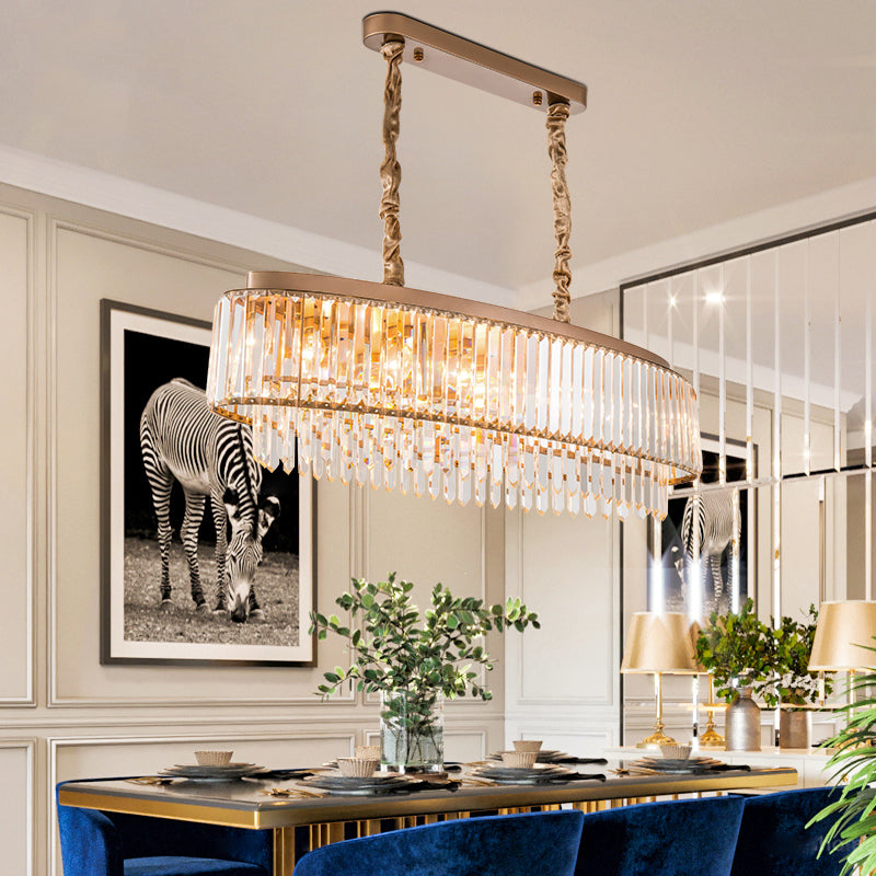 5 Bulbs Crystal Prism Island Light Modernist Champagne Oval Dining Room Suspended Lighting Fixture Clearhalo 'Ceiling Lights' 'Island Lights' Lighting' 2550398