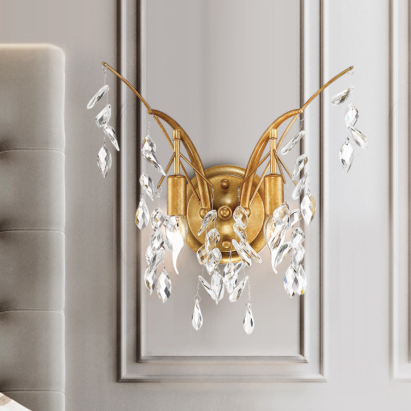 Branch Metal Wall Mount Light Modern 2 Lights Gold Wall Sconce Light with Faceted Crystal Drop Clearhalo 'Modern wall lights' 'Modern' 'Wall Lamps & Sconces' 'Wall Lights' Lighting' 255040