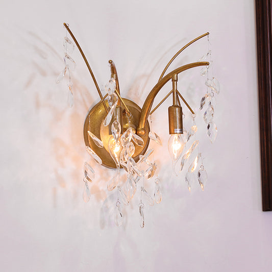 Branch Metal Wall Mount Light Modern 2 Lights Gold Wall Sconce Light with Faceted Crystal Drop Gold Clearhalo 'Modern wall lights' 'Modern' 'Wall Lamps & Sconces' 'Wall Lights' Lighting' 255041