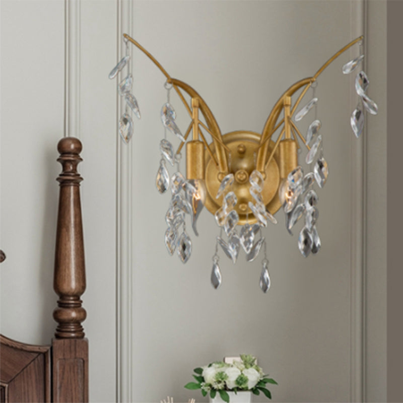 Branch Metal Wall Mount Light Modern 2 Lights Gold Wall Sconce Light with Faceted Crystal Drop Clearhalo 'Modern wall lights' 'Modern' 'Wall Lamps & Sconces' 'Wall Lights' Lighting' 255042