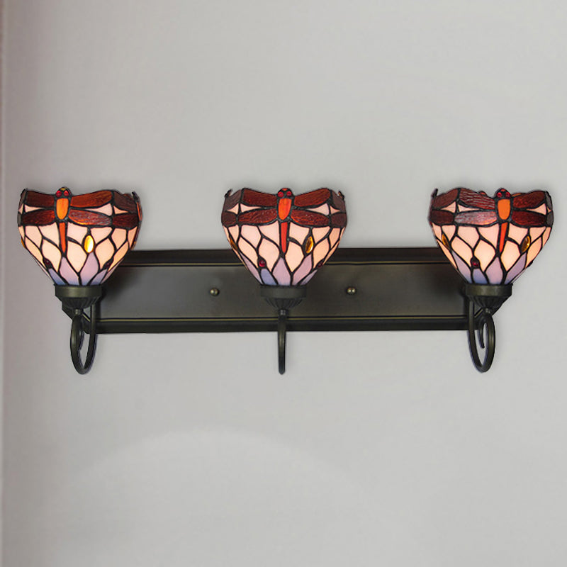 3 Lights Dragonfly Wall Lighting Stained Glass Lodge Vanity Light in Antique Brass for Bathroom Clearhalo 'Industrial' 'Middle century wall lights' 'Tiffany wall lights' 'Tiffany' 'Wall Lamps & Sconces' 'Wall Lights' Lighting' 2550421
