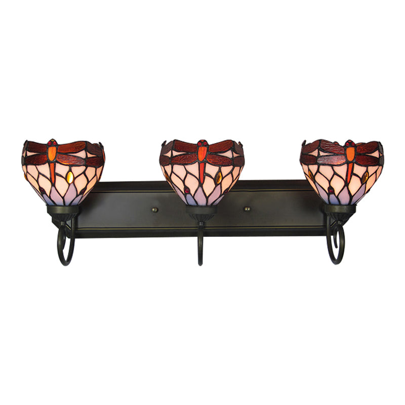 3 Lights Dragonfly Wall Lighting Stained Glass Lodge Vanity Light in Antique Brass for Bathroom Clearhalo 'Industrial' 'Middle century wall lights' 'Tiffany wall lights' 'Tiffany' 'Wall Lamps & Sconces' 'Wall Lights' Lighting' 2550422