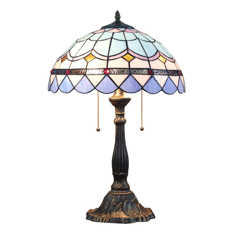 Baroque Style Dome/Bowl Reading Light 1 Light Stained Glass Table Lighting with Metal Base in Blue Blue B Clearhalo 'Lamps' 'Table Lamps' Lighting' 2550425