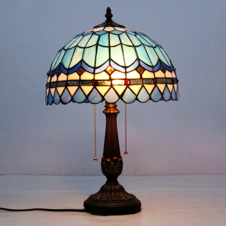 Baroque Style Dome/Bowl Reading Light 1 Light Stained Glass Table Lighting with Metal Base in Blue Blue A Clearhalo 'Lamps' 'Table Lamps' Lighting' 2550426