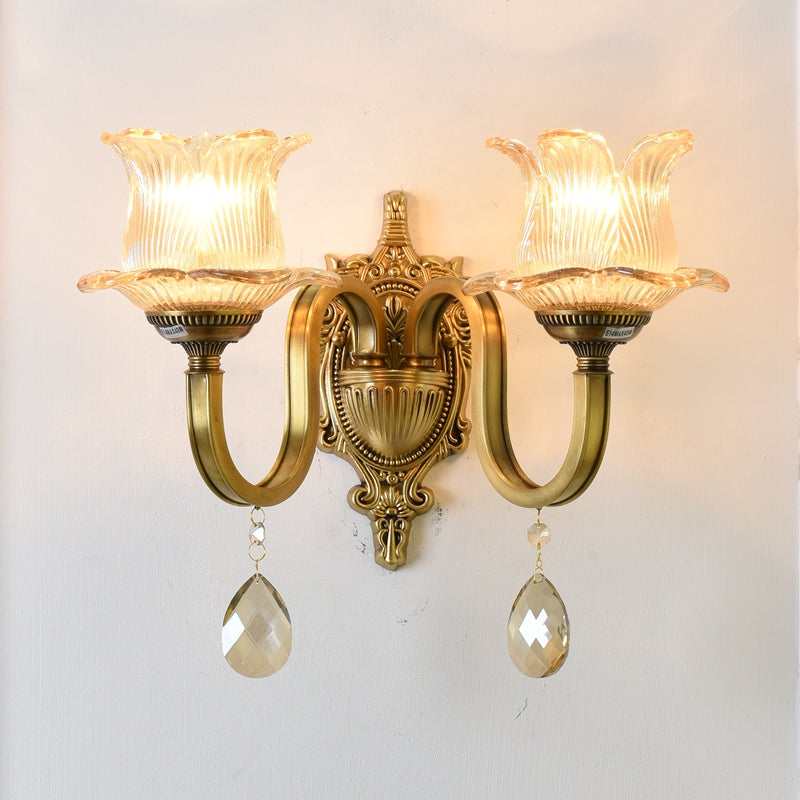 Floral Shape Wall Light Fixture Modernism Prism Glass 1/2 Heads Brass Sconce Light 2.0 Brass Clearhalo 'Cast Iron' 'Glass' 'Industrial' 'Modern wall lights' 'Modern' 'Tiffany' 'Traditional wall lights' 'Wall Lamps & Sconces' 'Wall Lights' Lighting' 2550427