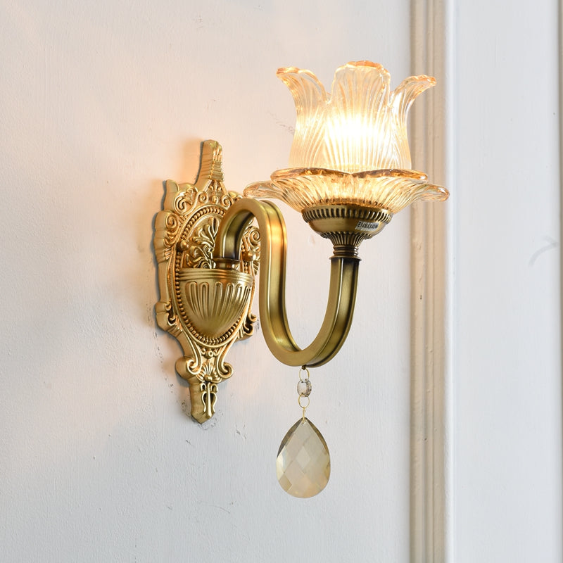 Floral Shape Wall Light Fixture Modernism Prism Glass 1/2 Heads Brass Sconce Light 1.0 Brass Clearhalo 'Cast Iron' 'Glass' 'Industrial' 'Modern wall lights' 'Modern' 'Tiffany' 'Traditional wall lights' 'Wall Lamps & Sconces' 'Wall Lights' Lighting' 2550428