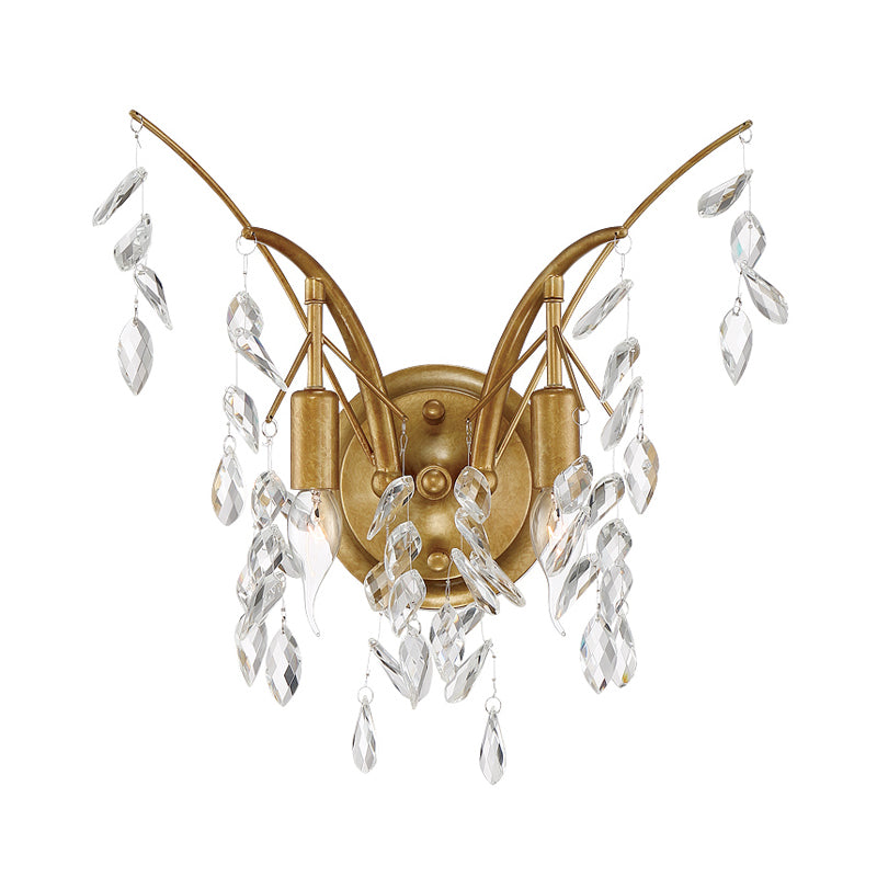 Branch Metal Wall Mount Light Modern 2 Lights Gold Wall Sconce Light with Faceted Crystal Drop Clearhalo 'Modern wall lights' 'Modern' 'Wall Lamps & Sconces' 'Wall Lights' Lighting' 255044