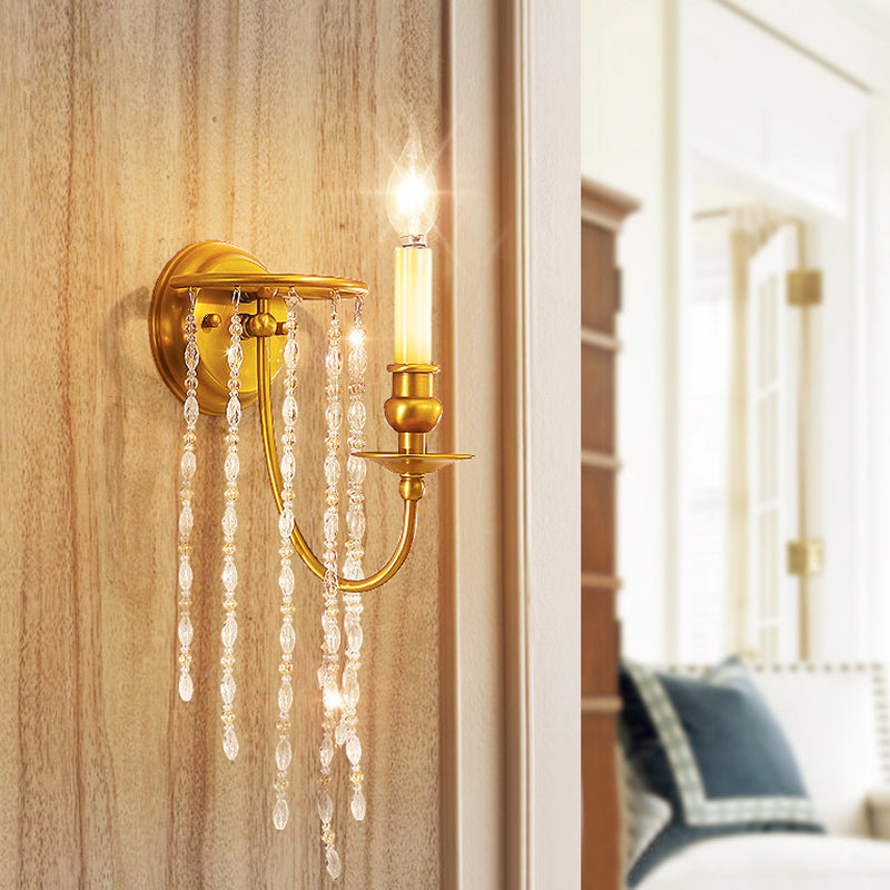 1/2 Lights Corridor Wall Lamp Modern Gold Sconce Light with Metal Candle Design and Crystal Strand Decoration Clearhalo 'Modern wall lights' 'Modern' 'Wall Lamps & Sconces' 'Wall Lights' Lighting' 255068