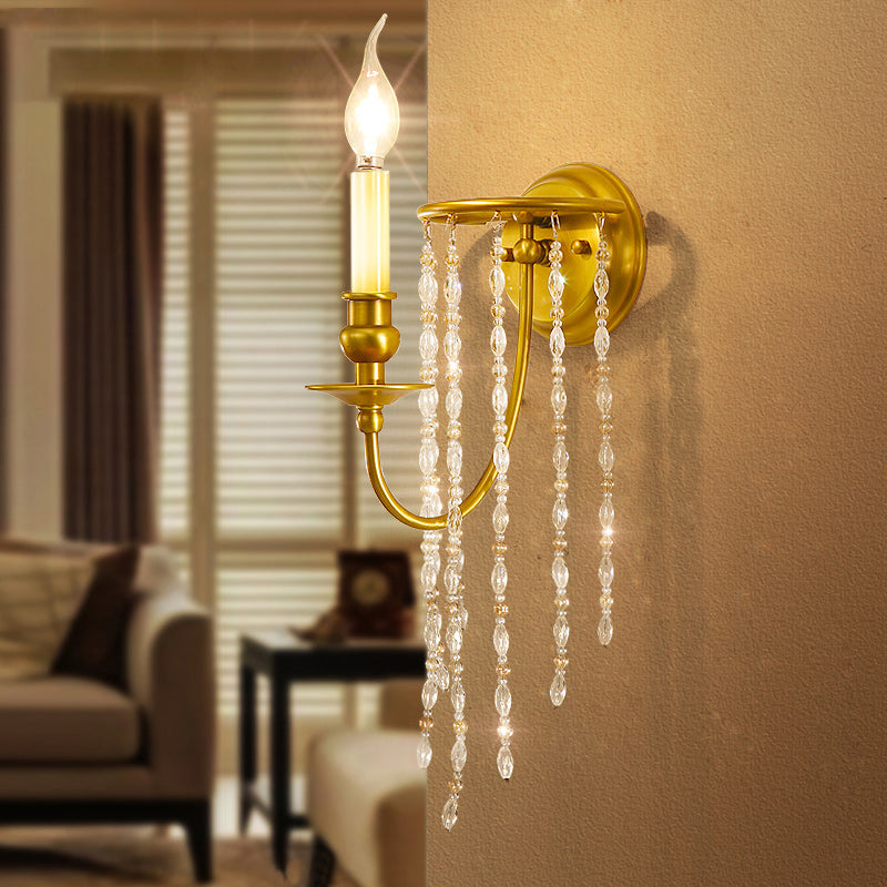 1/2 Lights Corridor Wall Lamp Modern Gold Sconce Light with Metal Candle Design and Crystal Strand Decoration 1.0 Gold Clearhalo 'Modern wall lights' 'Modern' 'Wall Lamps & Sconces' 'Wall Lights' Lighting' 255069