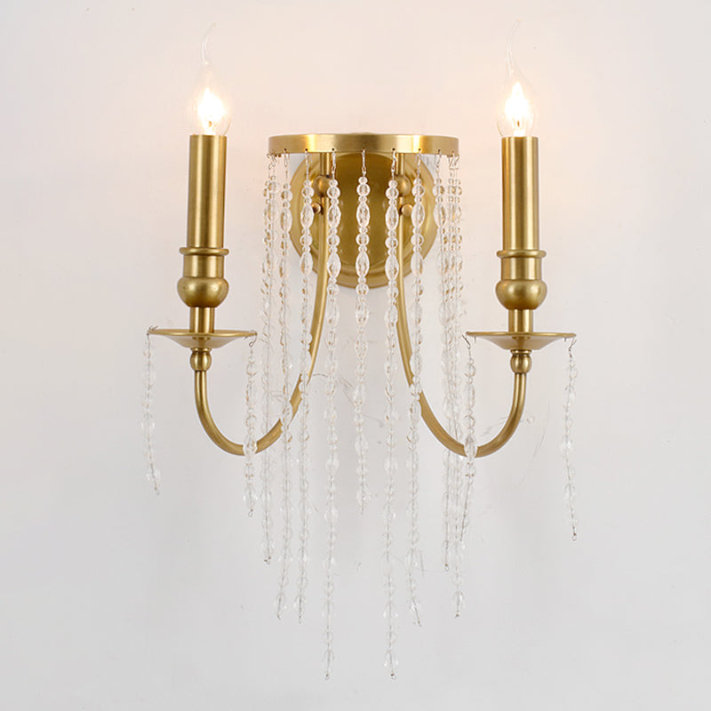 1/2 Lights Corridor Wall Lamp Modern Gold Sconce Light with Metal Candle Design and Crystal Strand Decoration 2.0 Gold Clearhalo 'Modern wall lights' 'Modern' 'Wall Lamps & Sconces' 'Wall Lights' Lighting' 255074