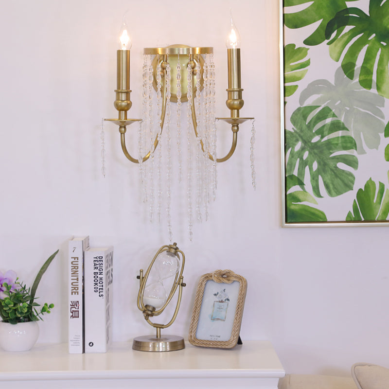 1/2 Lights Corridor Wall Lamp Modern Gold Sconce Light with Metal Candle Design and Crystal Strand Decoration Clearhalo 'Modern wall lights' 'Modern' 'Wall Lamps & Sconces' 'Wall Lights' Lighting' 255075