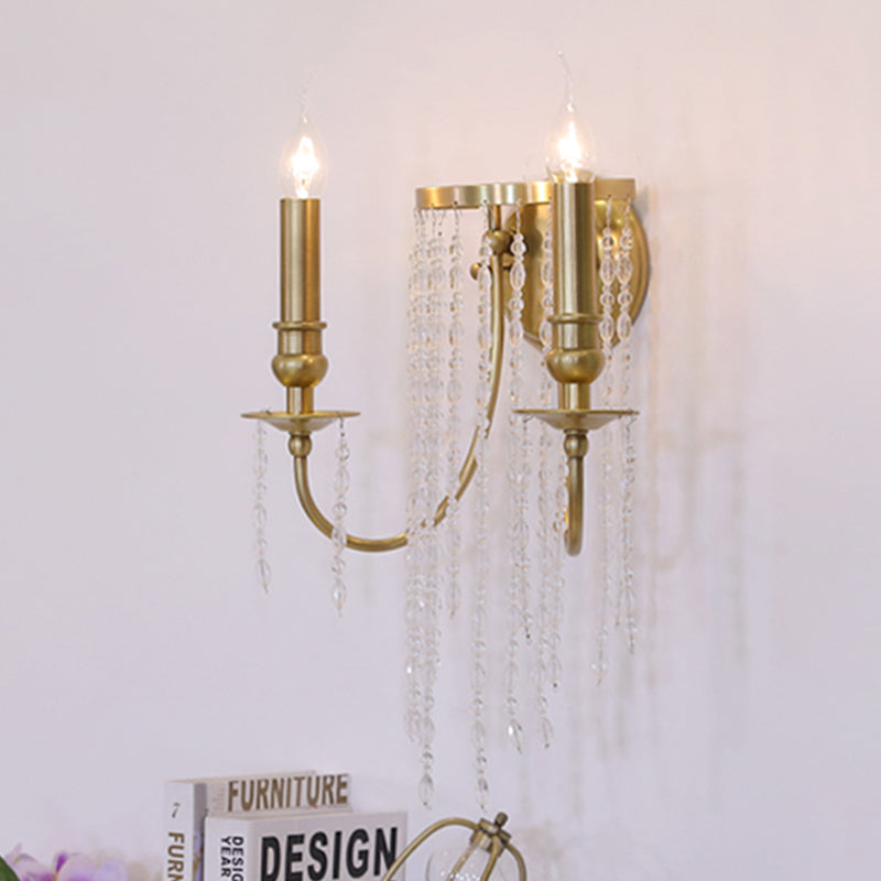 1/2 Lights Corridor Wall Lamp Modern Gold Sconce Light with Metal Candle Design and Crystal Strand Decoration Clearhalo 'Modern wall lights' 'Modern' 'Wall Lamps & Sconces' 'Wall Lights' Lighting' 255076