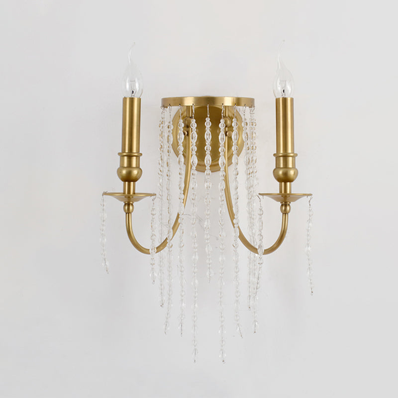 1/2 Lights Corridor Wall Lamp Modern Gold Sconce Light with Metal Candle Design and Crystal Strand Decoration Clearhalo 'Modern wall lights' 'Modern' 'Wall Lamps & Sconces' 'Wall Lights' Lighting' 255077