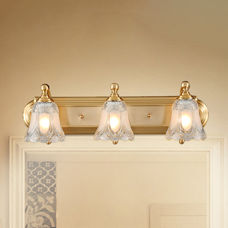 Bell Shade Vanity Sconce Light Vintage Style Clear Glass 2/3 Bulbs Golden Wall Lighting for Bathroom, 18"/24" W Gold 24" Clearhalo 'Modern wall lights' 'Modern' 'Vanity Lights' 'Wall Lights' Lighting' 255127