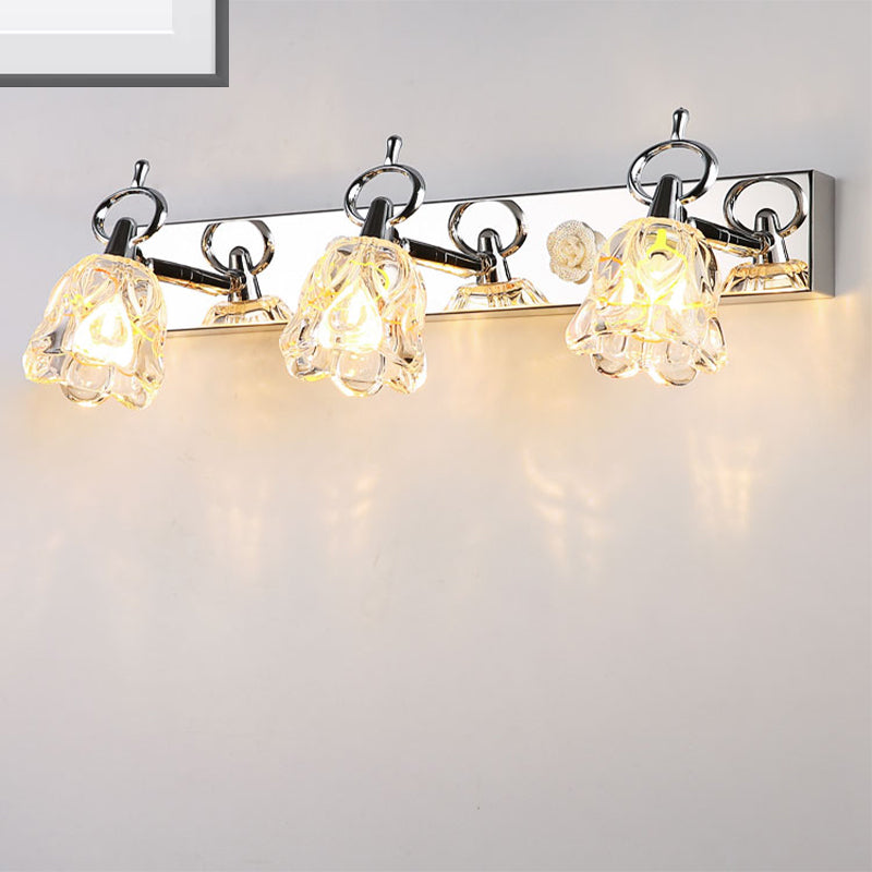 Flower Shade Wall Light Fixture Modernism Clear Glass 2/3 Lights Silver Finish Vanity Wall Light for Bathroom, 12"/18" W Silver 18" Clearhalo 'Modern wall lights' 'Modern' 'Vanity Lights' 'Wall Lights' Lighting' 255157