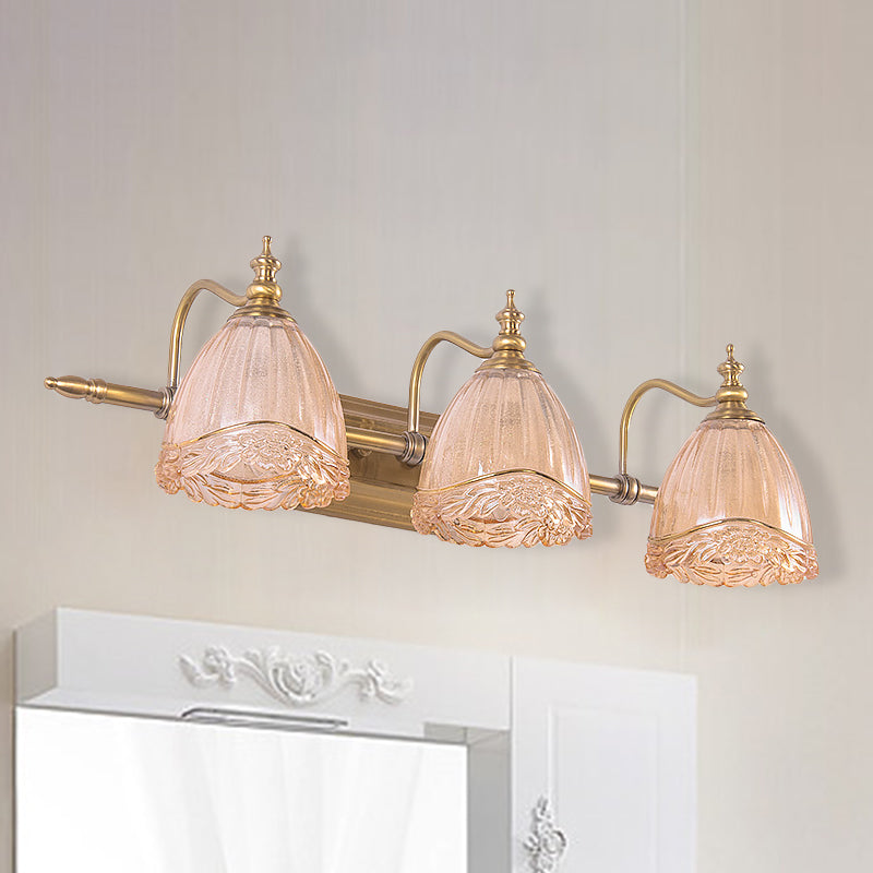 Floral Shade Wall Light Sconce Modern Style Amber Glass 2/3 Bulbs Bathroom Vanity Light in Brass Finish, 16.5"/24.5" W Brass 24.5" Clearhalo 'Modern wall lights' 'Modern' 'Vanity Lights' 'Wall Lights' Lighting' 255188