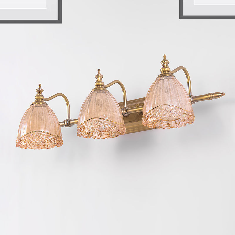 Floral Shade Wall Light Sconce Modern Style Amber Glass 2/3 Bulbs Bathroom Vanity Light in Brass Finish, 16.5"/24.5" W Clearhalo 'Modern wall lights' 'Modern' 'Vanity Lights' 'Wall Lights' Lighting' 255189